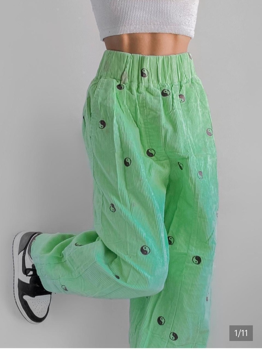 BDG Lime Green Corduroy Pants with Yin Yang Motifs
